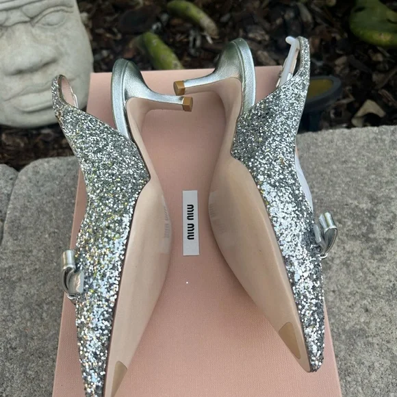 Miu Miu Slingback Silver Glitter Heels Size 37 - Picture 3 of 9